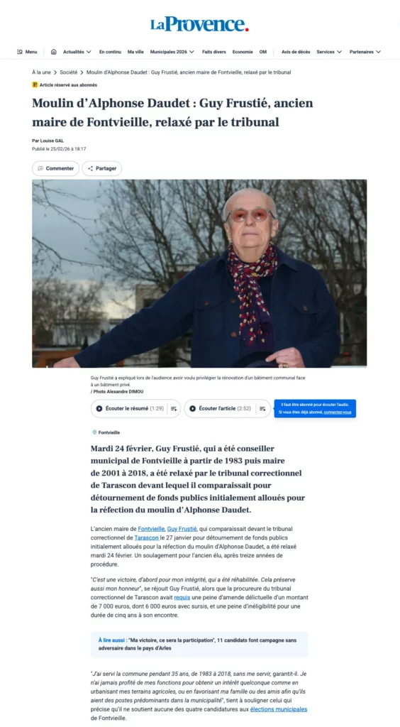 Moulin d’Alphonse Daudet - Guy Frustié, ancien maire de Fontvieille, relaxé par le tribunal
